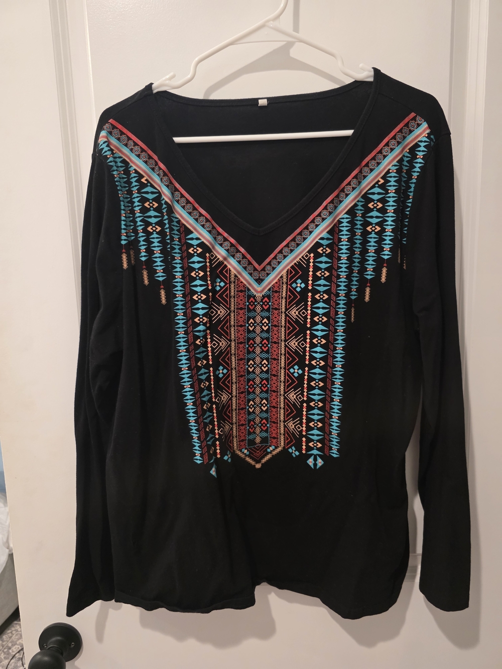 Black V-Neck Long Sleeve Top with Turquoise & Coral Aztec Print